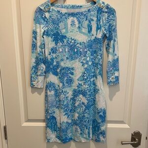 Lilly Pulitzer Blue and White Printed Long-Sleeve Dress